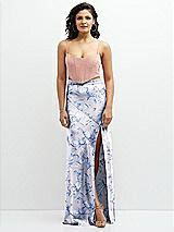 Front View Thumbnail - Magnolia Sky & Pale Purple Floral Satin Mix-and-Match High Waist Seamed Bias Skirt with Slit 