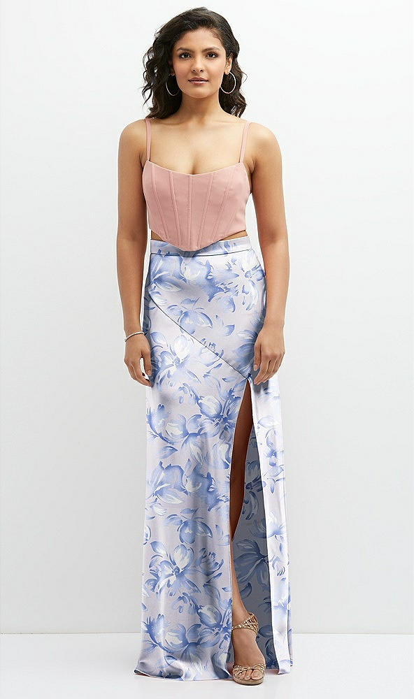 Front View - Magnolia Sky & Pale Purple Floral Satin Mix-and-Match High Waist Seamed Bias Skirt with Slit 
