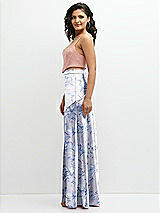 Side View Thumbnail - Magnolia Sky & Pale Purple Floral Satin Mix-and-Match High Waist Seamed Bias Skirt with Slit 