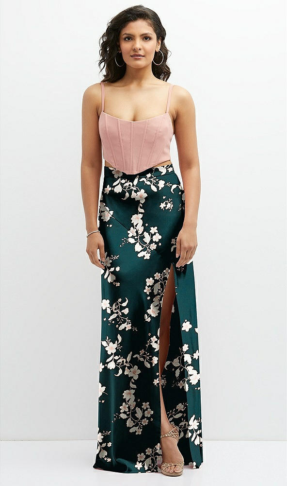Front View - Vintage Primrose & Pale Purple Floral Satin Mix-and-Match High Waist Seamed Bias Skirt with Slit 
