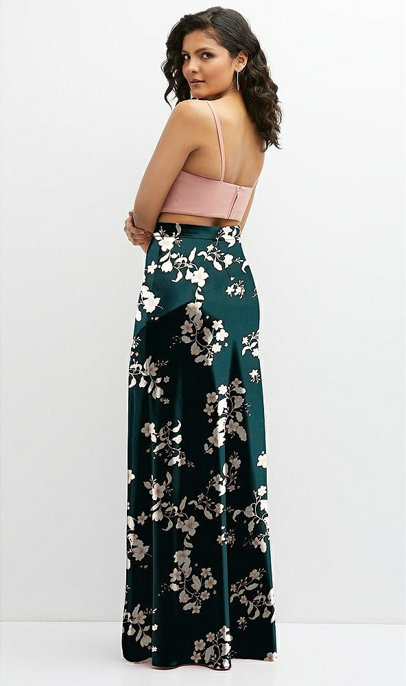 Back View - Vintage Primrose & Pale Purple Floral Satin Mix-and-Match High Waist Seamed Bias Skirt with Slit 