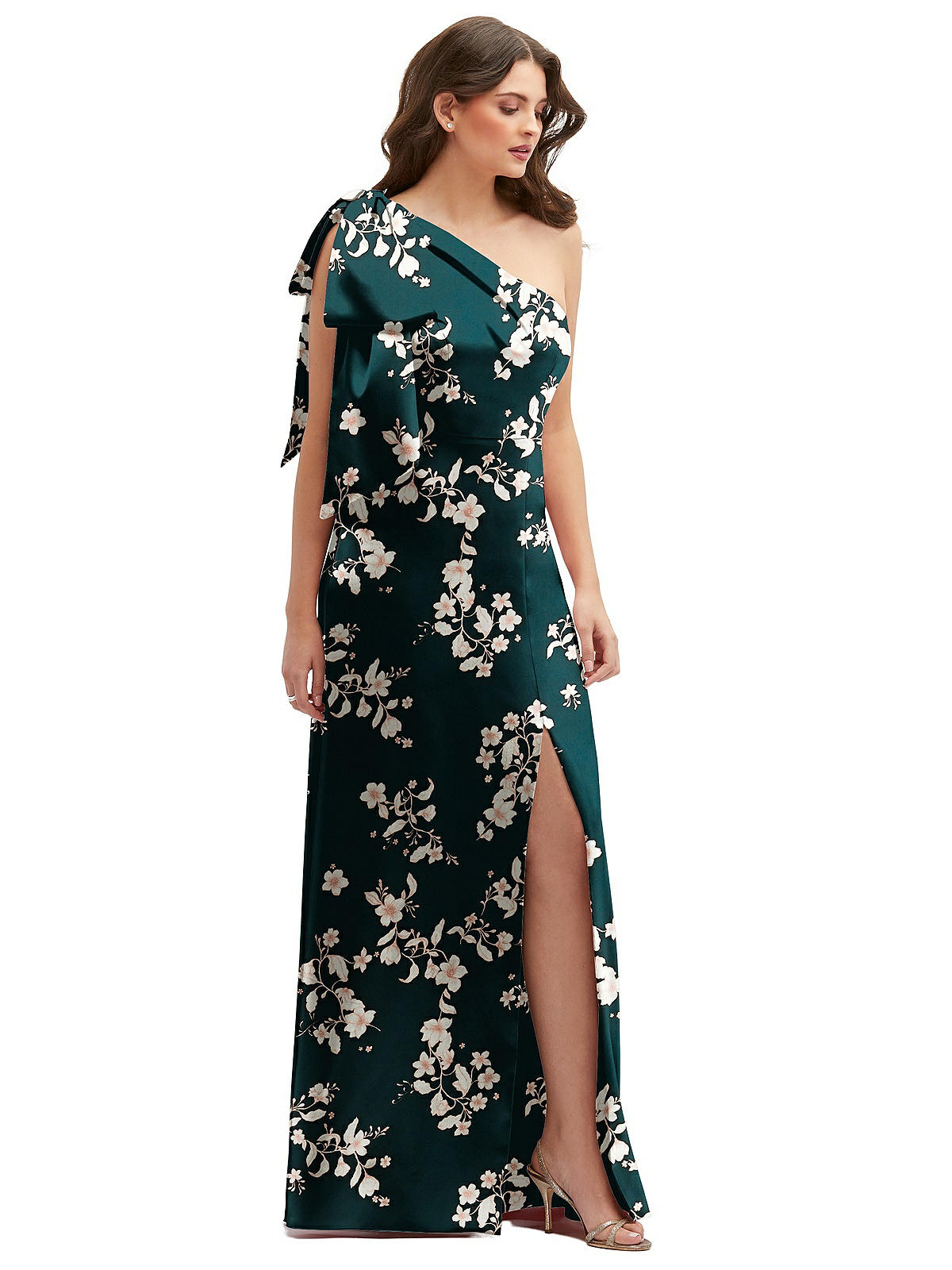 Floral Oneshoulder Satin Maxi Bridesmaid Dress With Chic Oversized