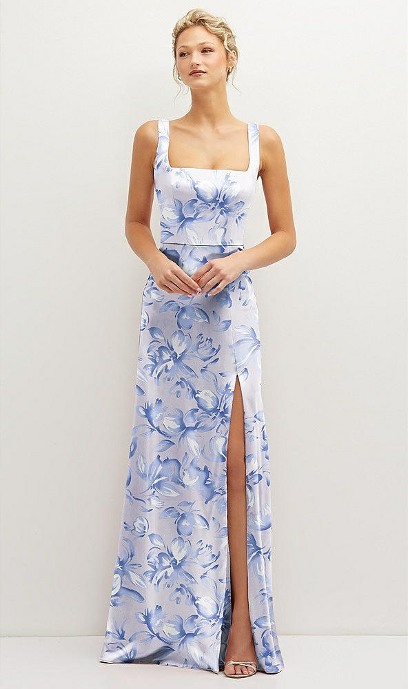 Front View - Magnolia Sky Floral Square-Neck Satin A-line Maxi Dress with Front Slit