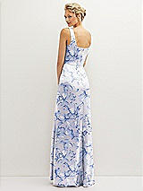 Rear View Thumbnail - Magnolia Sky Floral Square-Neck Satin A-line Maxi Dress with Front Slit