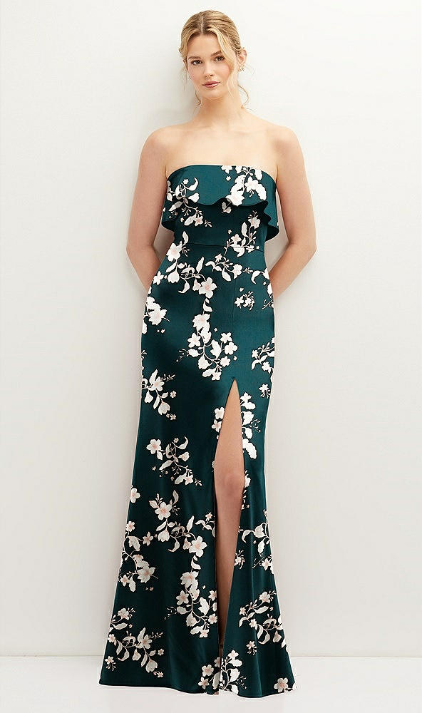 Front View - Vintage Primrose Floral Soft Ruffle Cuff Strapless Trumpet Dress with Front Slit