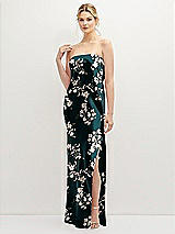 Front View Thumbnail - Vintage Primrose Strapless Pull-On Floral Satin Column Dress with Side Seam Slit