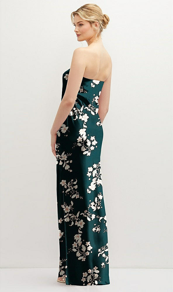 Back View - Vintage Primrose Strapless Pull-On Floral Satin Column Dress with Side Seam Slit