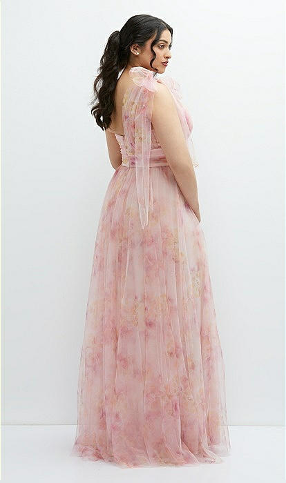 Floral Scarf Tie One-shoulder Tulle Bridesmaid Dress With Long