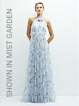 Front View Thumbnail - Lilac Haze Garden Floral Tie-Back Halter Tulle Dress with Long Full Skirt & Rosette Detail