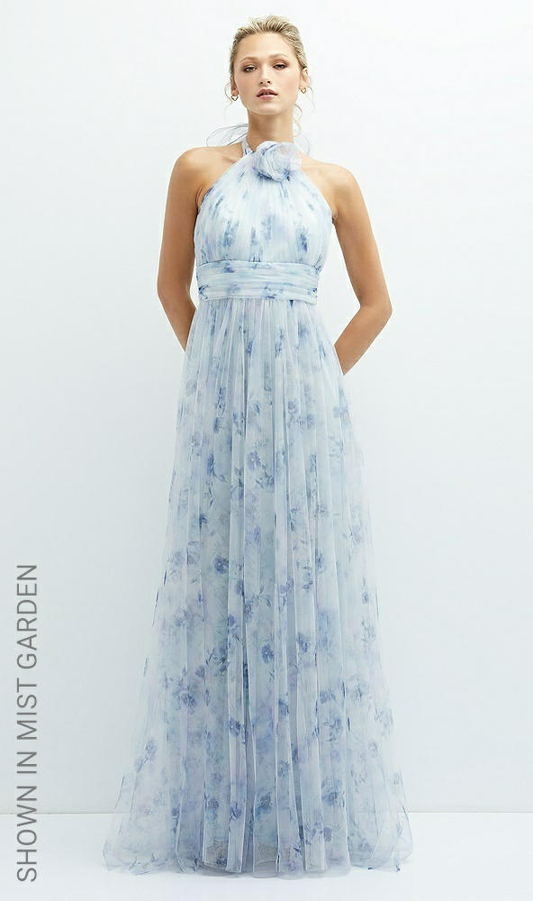 Front View - Lilac Haze Garden Floral Tie-Back Halter Tulle Dress with Long Full Skirt & Rosette Detail