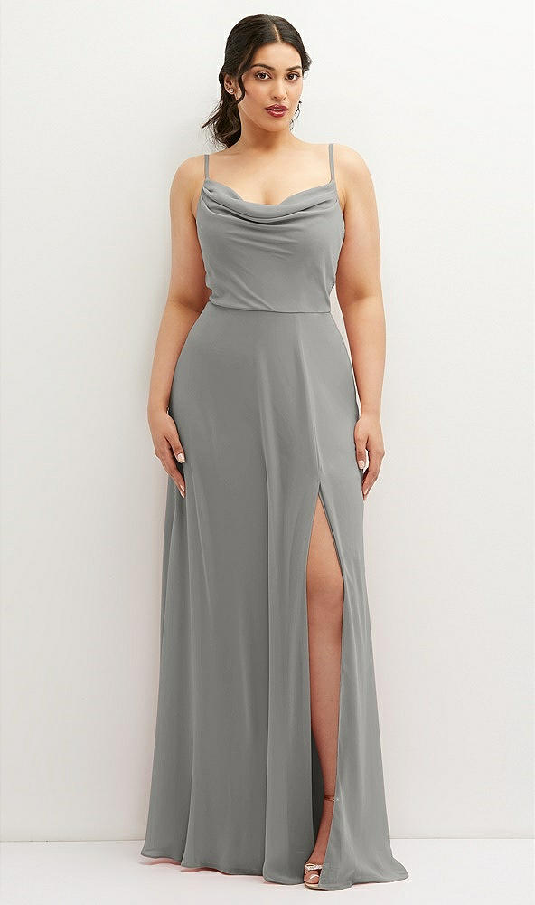 Front View - Chelsea Gray Soft Cowl-Neck A-Line Maxi Dress with Adjustable Straps