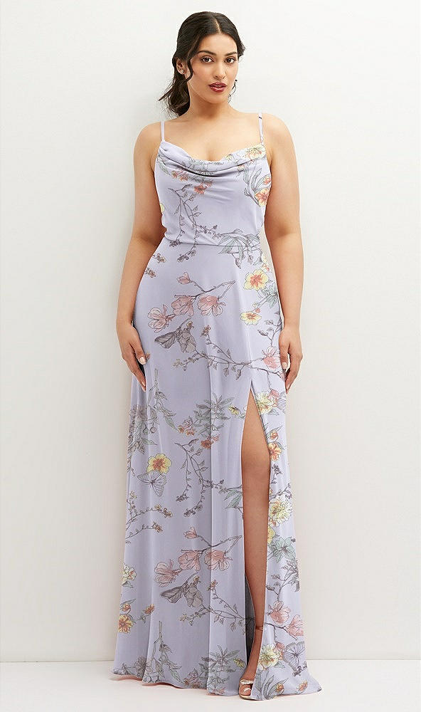 Front View - Butterfly Botanica Silver Dove Soft Cowl-Neck A-Line Maxi Dress with Adjustable Straps
