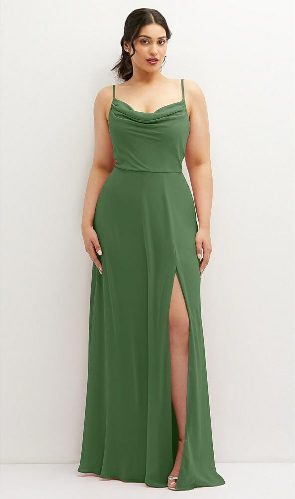 Front View - Vineyard Green Soft Cowl-Neck A-Line Maxi Dress with Adjustable Straps