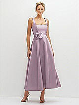 Front View Thumbnail - Suede Rose Square Neck Satin Midi Dress with Full Skirt & Flower Sash
