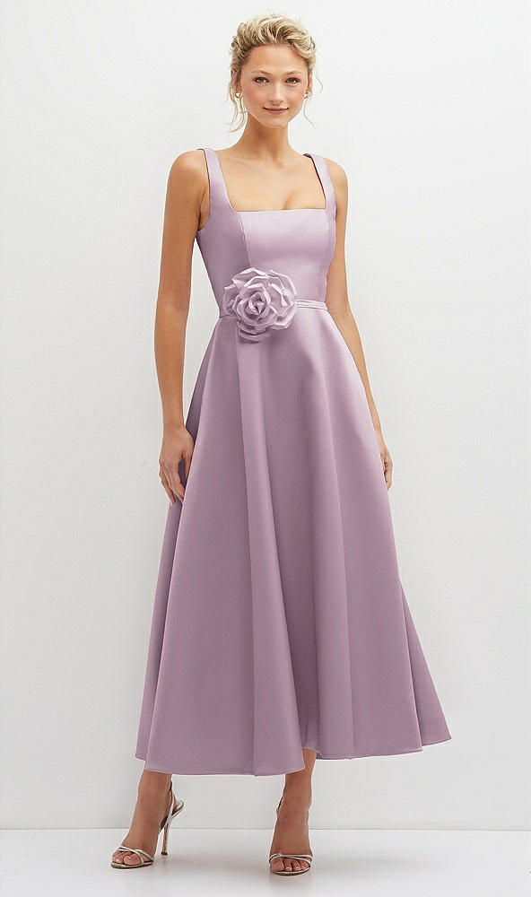 Front View - Suede Rose Square Neck Satin Midi Dress with Full Skirt & Flower Sash