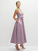 Side View Thumbnail - Suede Rose Square Neck Satin Midi Dress with Full Skirt & Flower Sash