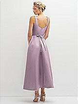 Rear View Thumbnail - Suede Rose Square Neck Satin Midi Dress with Full Skirt & Flower Sash