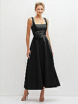 Front View Thumbnail - Black Square Neck Satin Midi Dress with Full Skirt & Flower Sash