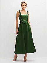 Front View Thumbnail - Celtic Square Neck Satin Midi Dress with Full Skirt & Flower Sash
