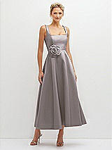 Front View Thumbnail - Cashmere Gray Square Neck Satin Midi Dress with Full Skirt & Flower Sash