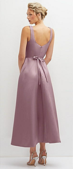 Square Neck Full Skirt Satin Midi Dress with Pockets