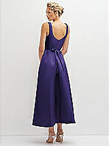 Rear View Thumbnail - Grape Square Neck Satin Midi Dress with Full Skirt & Flower Sash