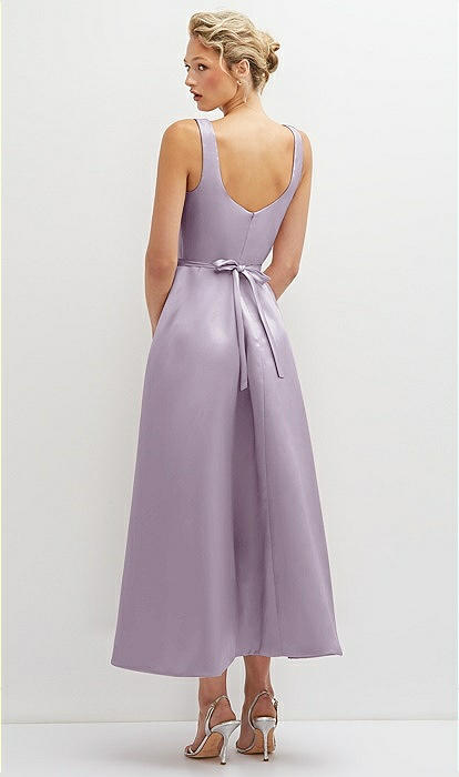 Square Neck Satin Midi Bridesmaid Dress With Full Skirt & Flower