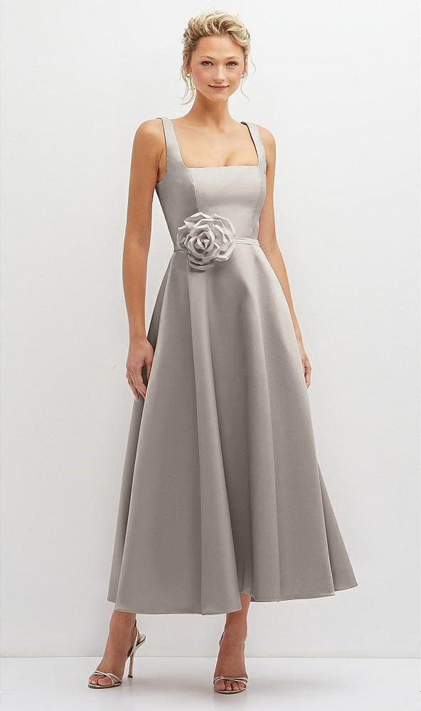 Front View - Taupe Square Neck Satin Midi Dress with Full Skirt & Flower Sash