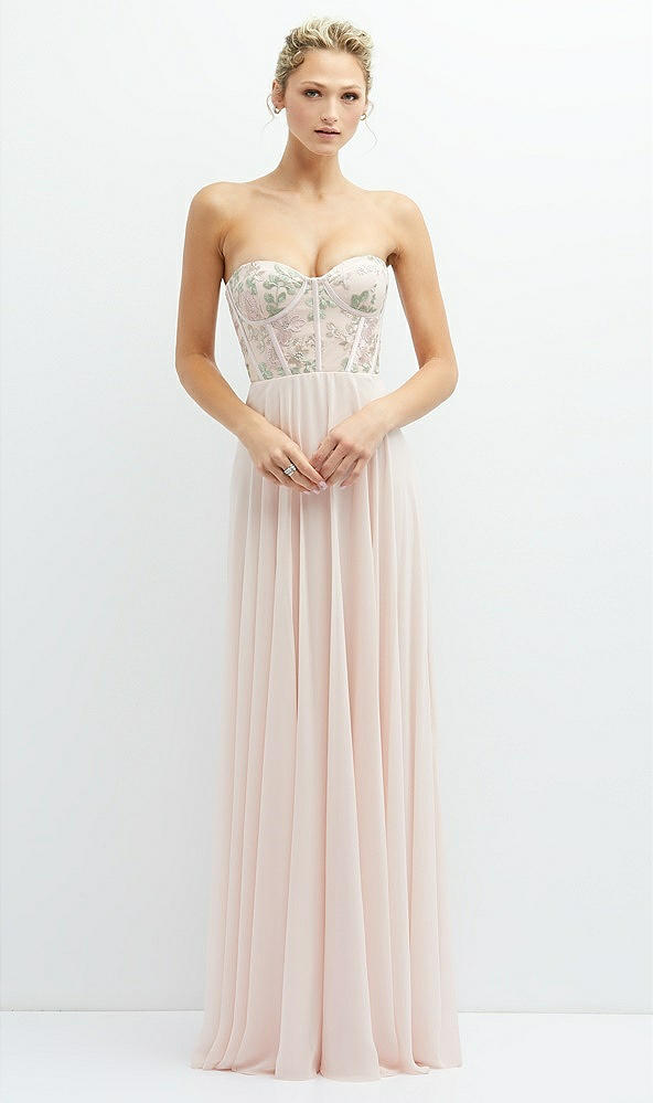Front View - Blush Strapless Floral Embroidered Corset Maxi Dress with Chiffon Skirt