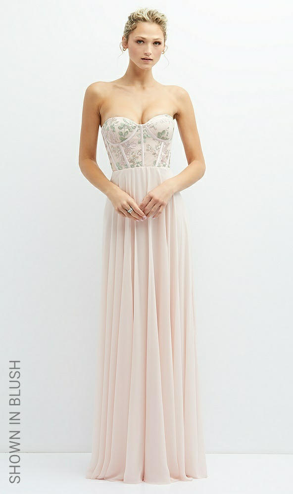 Front View - Cashmere Gray Strapless Floral Embroidered Corset Maxi Dress with Chiffon Skirt