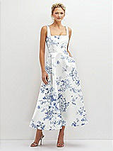 Front View Thumbnail - Cottage Rose Larkspur Floral Square Neck Satin Midi Dress with Full Skirt & Pockets