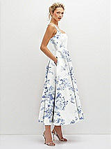 Side View Thumbnail - Cottage Rose Larkspur Floral Square Neck Satin Midi Dress with Full Skirt & Pockets