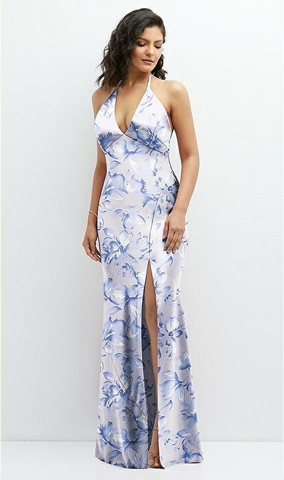 Floral Plunge Halter Open-back Maxi Bias Bridesmaid Dress With Tie Back In  Magnolia Sky