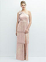Front View Thumbnail - Pink Gold Foil Tiered Skirt Metallic Pleated One-Shoulder Bow Dress with Floral Gold Foil Print