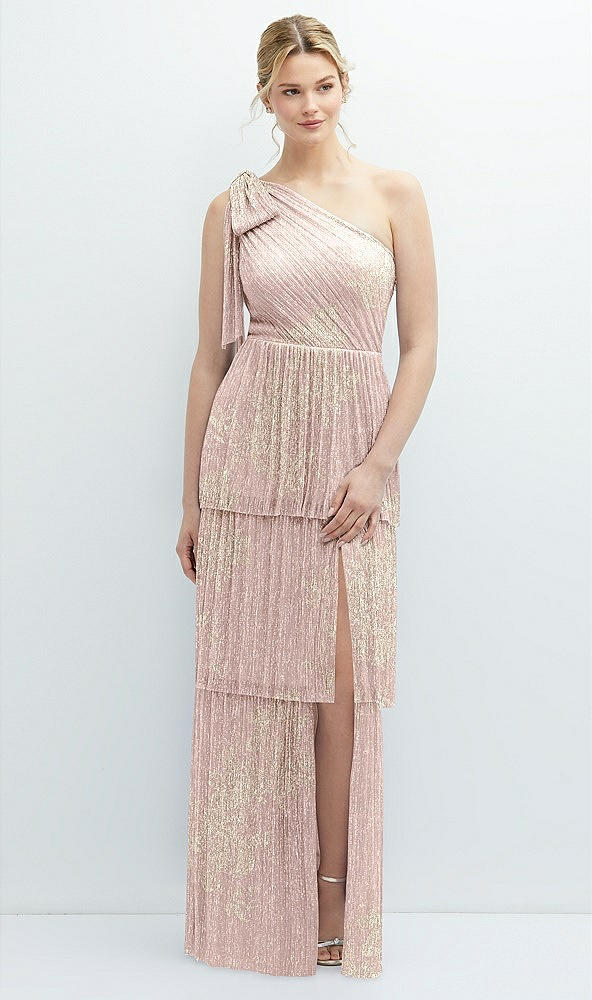 Front View - Pink Gold Foil Tiered Skirt Metallic Pleated One-Shoulder Bow Dress with Floral Gold Foil Print