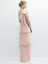 Rear View Thumbnail - Pink Gold Foil Tiered Skirt Metallic Pleated One-Shoulder Bow Dress with Floral Gold Foil Print