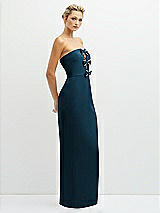 Side View Thumbnail - Atlantic Blue Rhinestone Bow Trimmed Peek-a-Boo Deep-V Maxi Dress with Pencil Skirt