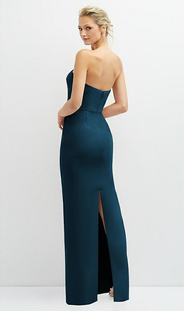 Back View - Atlantic Blue Rhinestone Bow Trimmed Peek-a-Boo Deep-V Maxi Dress with Pencil Skirt