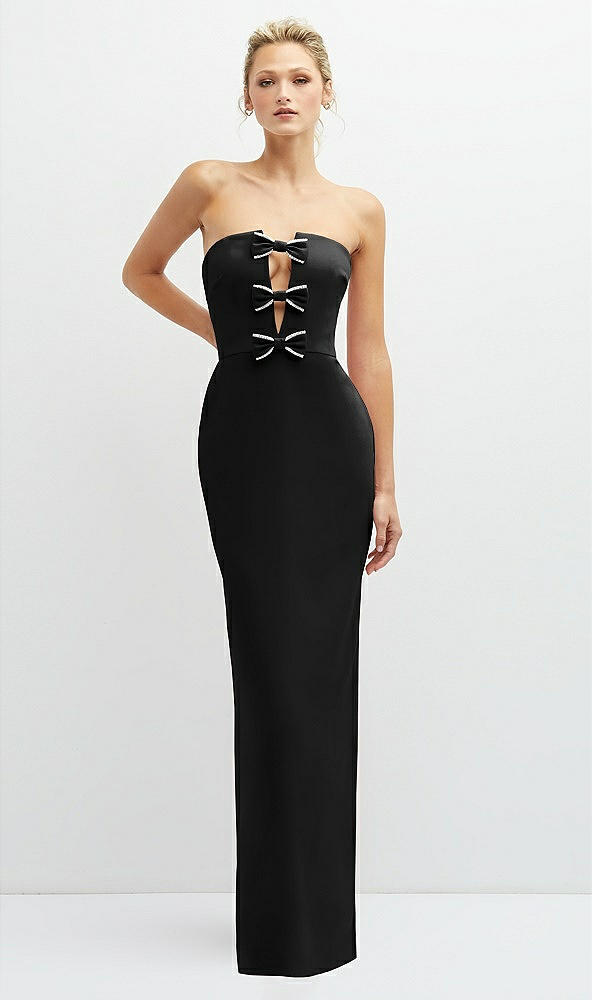 Front View - Black Rhinestone Bow Trimmed Peek-a-Boo Deep-V Maxi Dress with Pencil Skirt