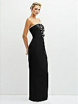 Side View Thumbnail - Black Rhinestone Bow Trimmed Peek-a-Boo Deep-V Maxi Dress with Pencil Skirt