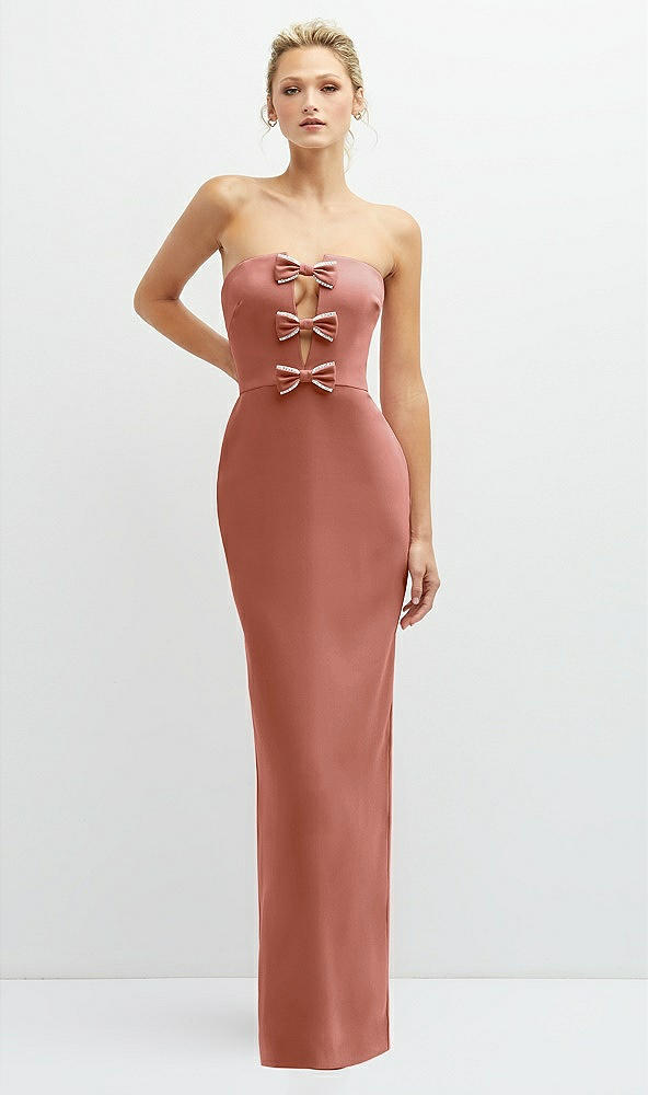 Front View - Desert Rose Rhinestone Bow Trimmed Peek-a-Boo Deep-V Maxi Dress with Pencil Skirt