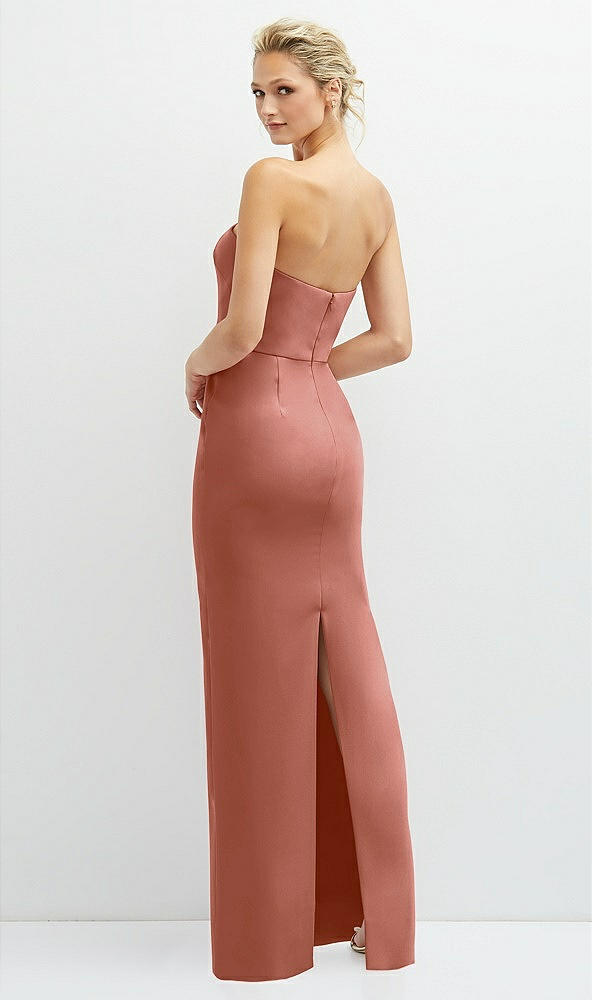 Back View - Desert Rose Rhinestone Bow Trimmed Peek-a-Boo Deep-V Maxi Dress with Pencil Skirt