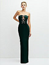 Front View Thumbnail - Evergreen Rhinestone Bow Trimmed Peek-a-Boo Deep-V Maxi Dress with Pencil Skirt