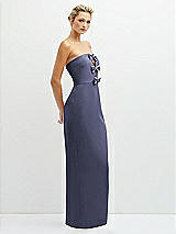 Side View Thumbnail - French Blue Rhinestone Bow Trimmed Peek-a-Boo Deep-V Maxi Dress with Pencil Skirt