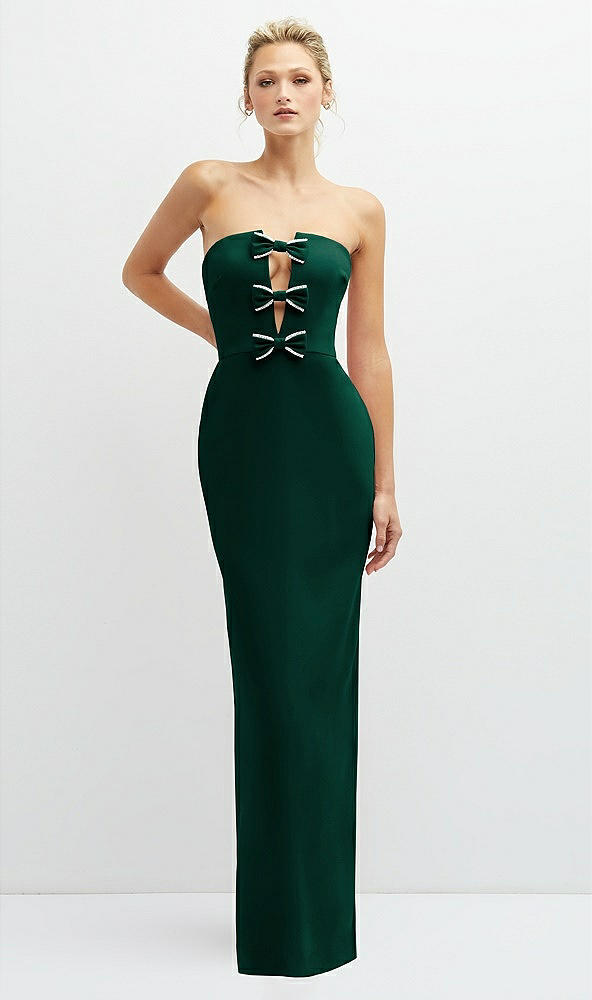 Front View - Hunter Green Rhinestone Bow Trimmed Peek-a-Boo Deep-V Maxi Dress with Pencil Skirt