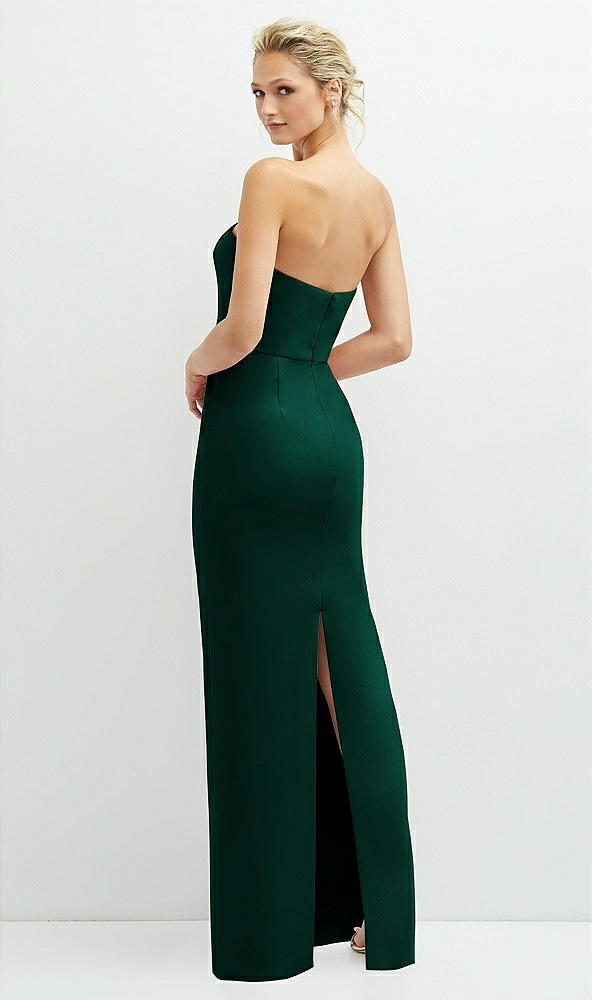 Back View - Hunter Green Rhinestone Bow Trimmed Peek-a-Boo Deep-V Maxi Dress with Pencil Skirt