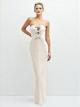 Front View Thumbnail - Ivory Rhinestone Bow Trimmed Peek-a-Boo Deep-V Maxi Dress with Pencil Skirt