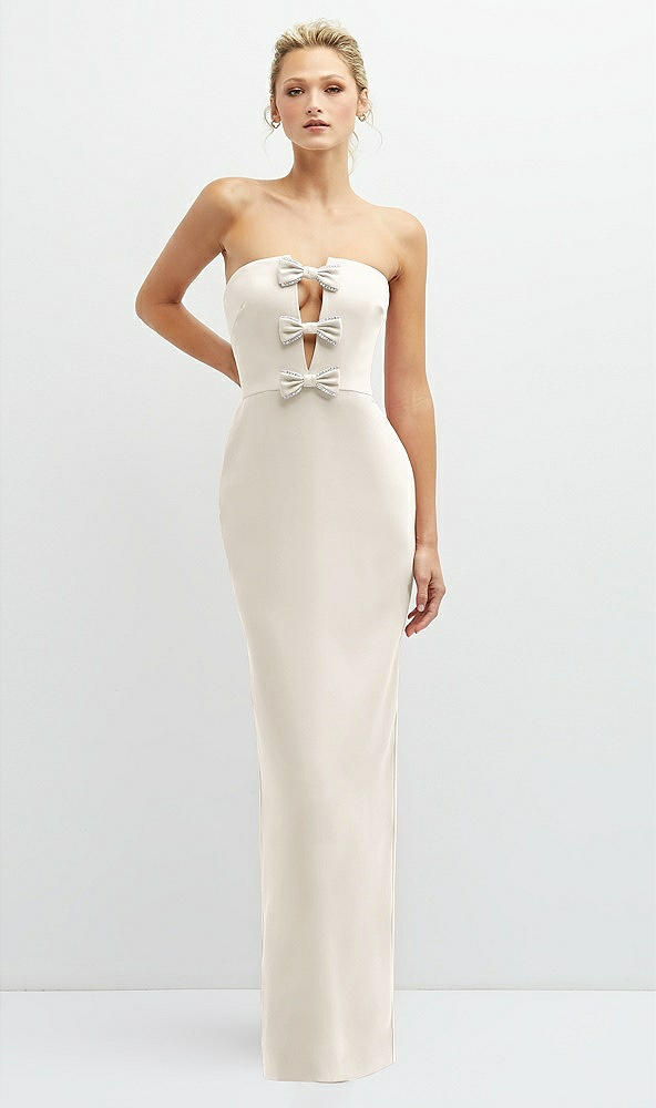 Front View - Ivory Rhinestone Bow Trimmed Peek-a-Boo Deep-V Maxi Dress with Pencil Skirt