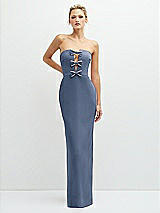 Front View Thumbnail - Larkspur Blue Rhinestone Bow Trimmed Peek-a-Boo Deep-V Maxi Dress with Pencil Skirt