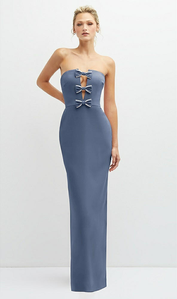 Front View - Larkspur Blue Rhinestone Bow Trimmed Peek-a-Boo Deep-V Maxi Dress with Pencil Skirt